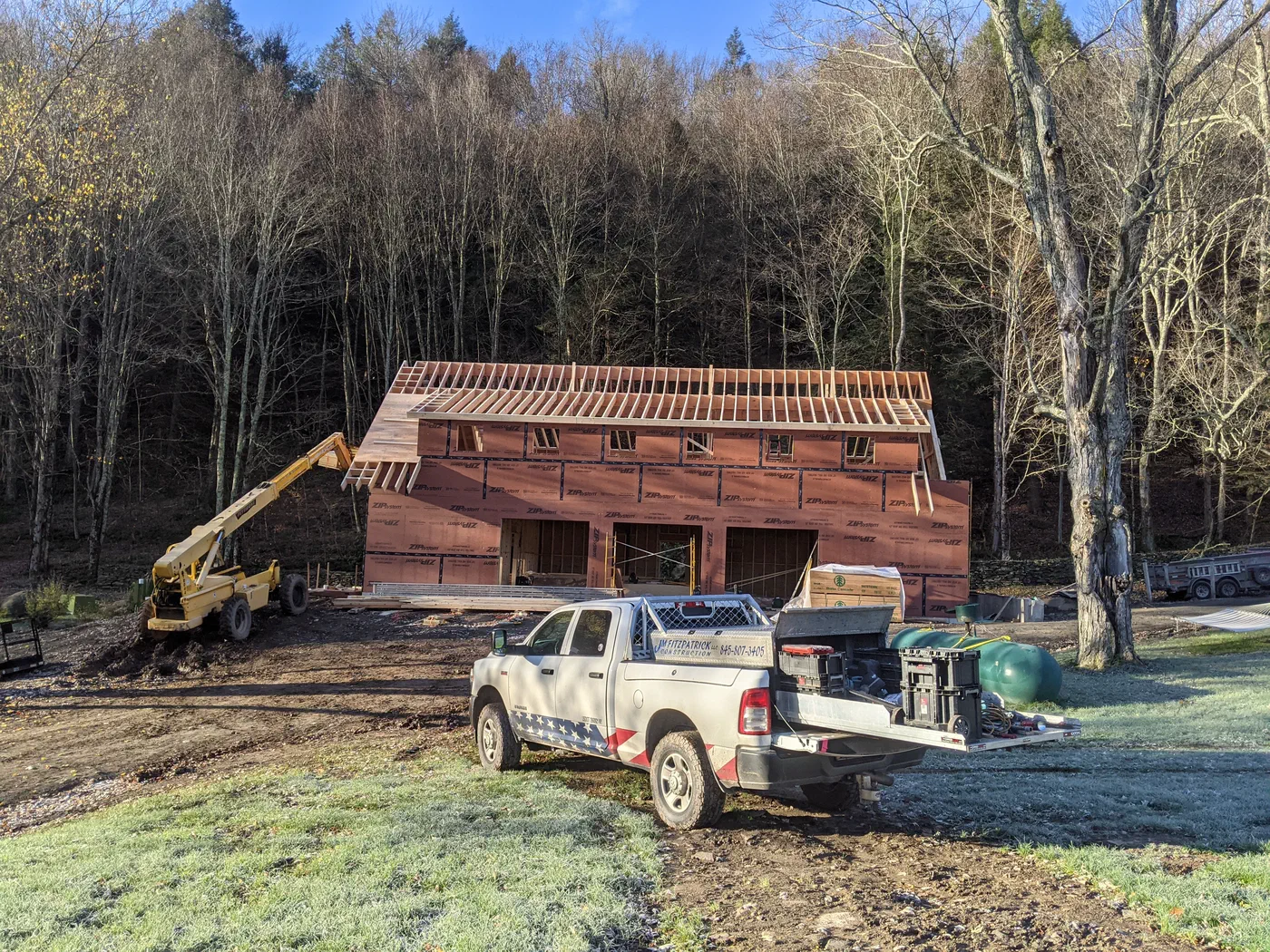 Garage with dormers, framed and sheathed