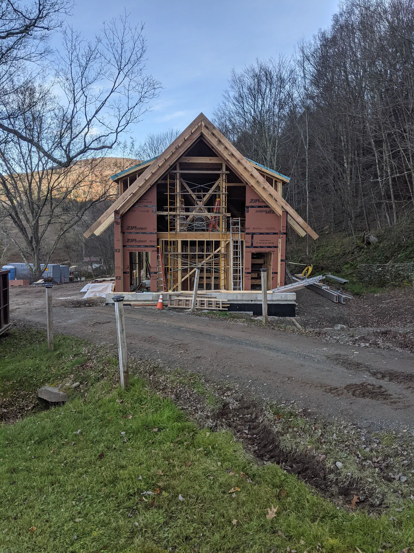 The gable framed and sheathed