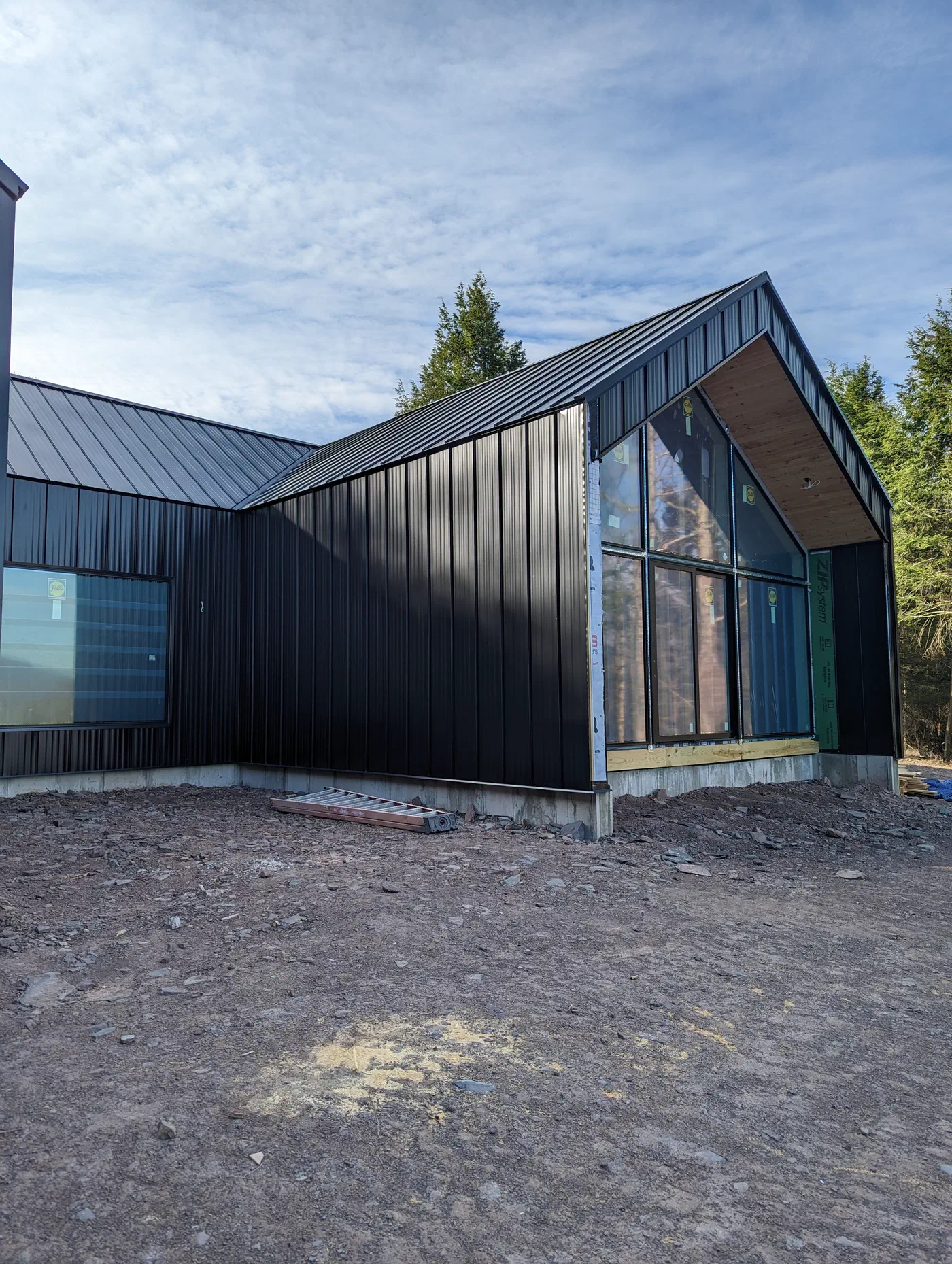 The glass gable and standing-seam cladding