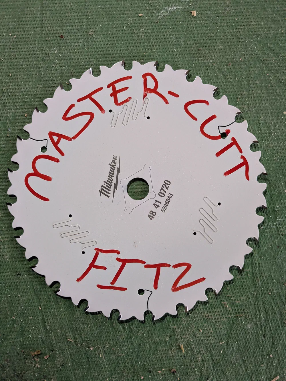 Saw blade hand-lettered “Master-Cut Fitz”
