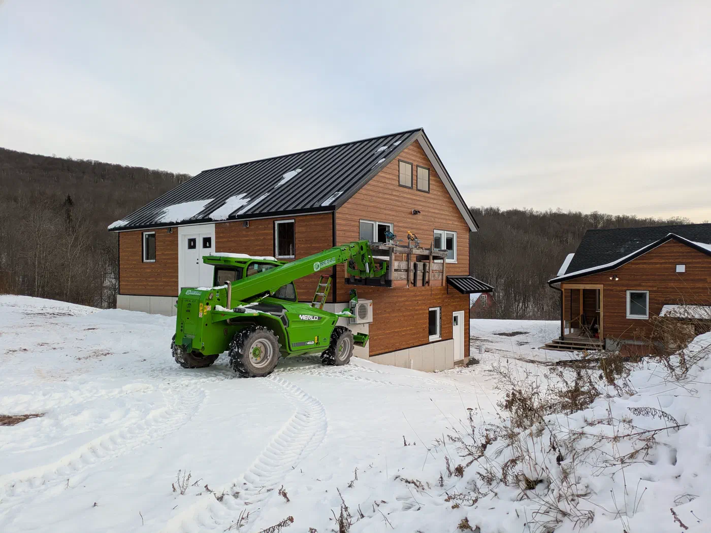 Garage and home together in early snow